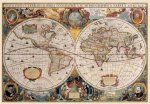 016 CARTA GEOGRAFICA ANTICA -PLANISFERO DUE EMISFERI COLORI VIVACI- TELA DA PITTORE