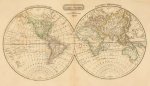 010 Carta geografica antica Planisfero storico due emisferi del  XIX secolo